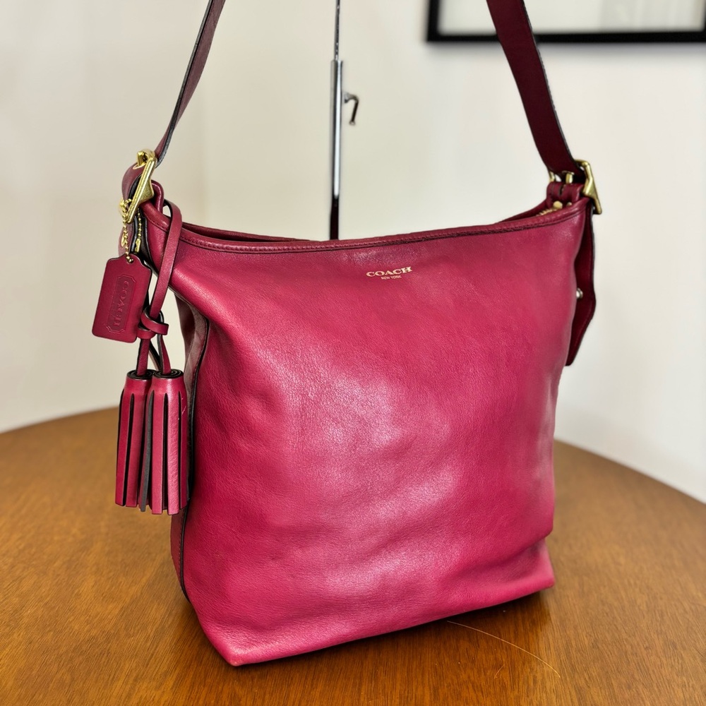 Coach 19889 Legacy Leather Tassel Duffel Shoulder Xbody Bag Fuchsia & Brass